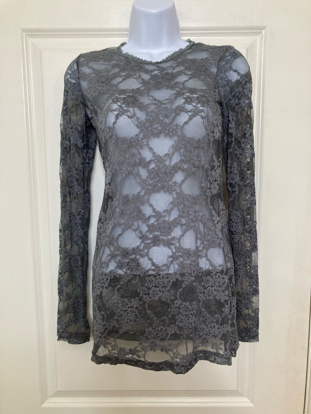 Sheer Lace Layering Top Gray Forest Fairy Boho Lux Long Sleeve Size M